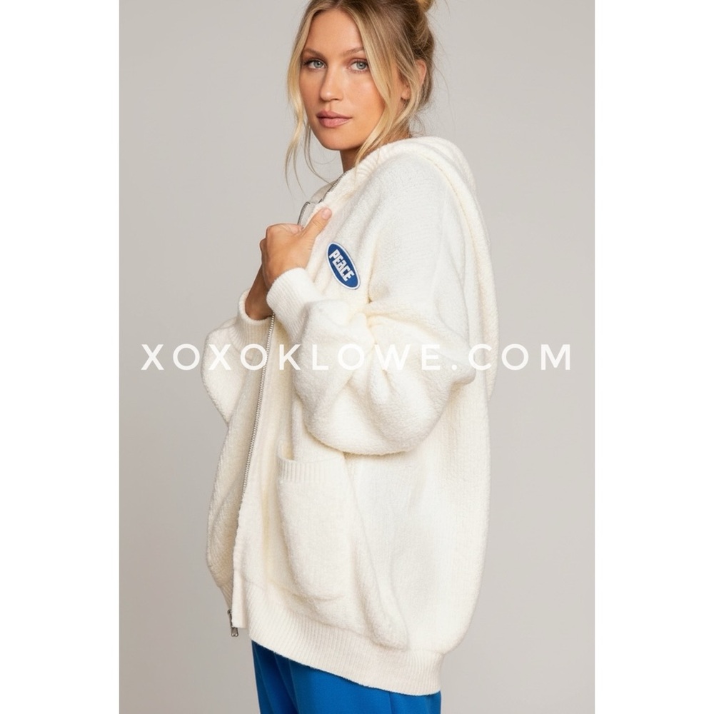 POL Cream Peace Patch Fuzzy Knit Hoodie | Oversized Zip Sweater - Picture 5 of 8